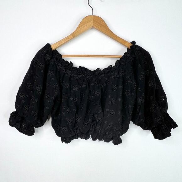 Surf Gypsy Black Floral Eyelet Ruffle Puff Sleeve  Crop Top M - Picture 1 of 12